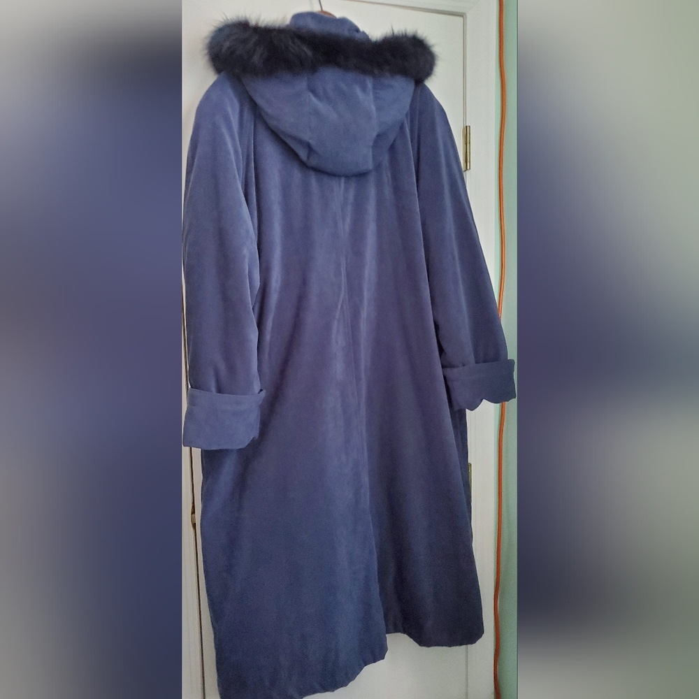 Nuage Women's Blue Long Hooded Coat with Fox Fur Trim - Picture 5 of 9